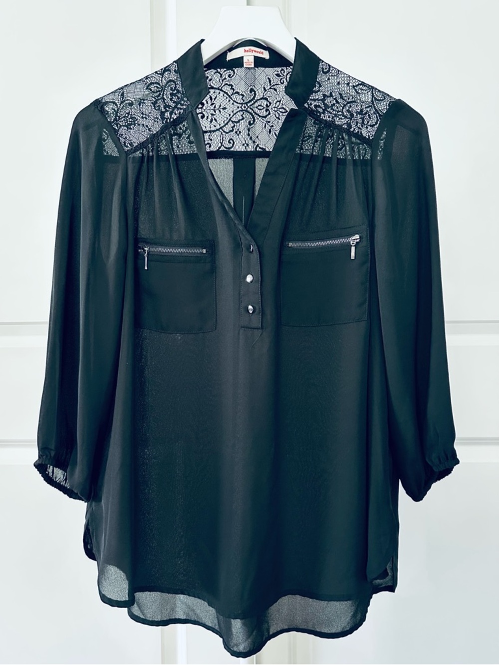 Women's Hollywould 3/4 Sleeve Sheer Black Blouse w/ Pockets & Lace Detail Size L